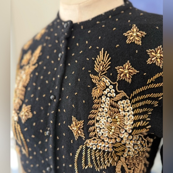 Vintage 70s Gold Beaded Embellished Black Cardigan - S - Picture 7 of 13